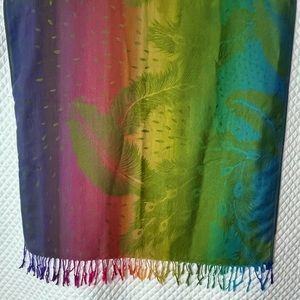 Vibrant rainbow feather design pashmina poncho. Radiance for all seasons! New